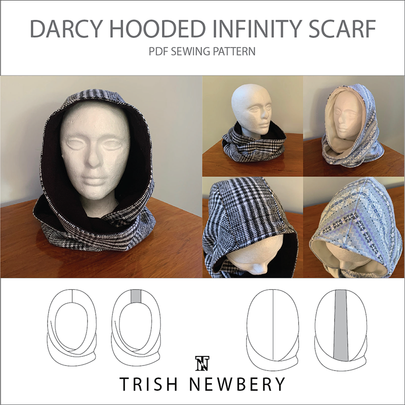 lined jersey winter hood scarf sewing pattern (XS - 3XL sizes) and tutorial